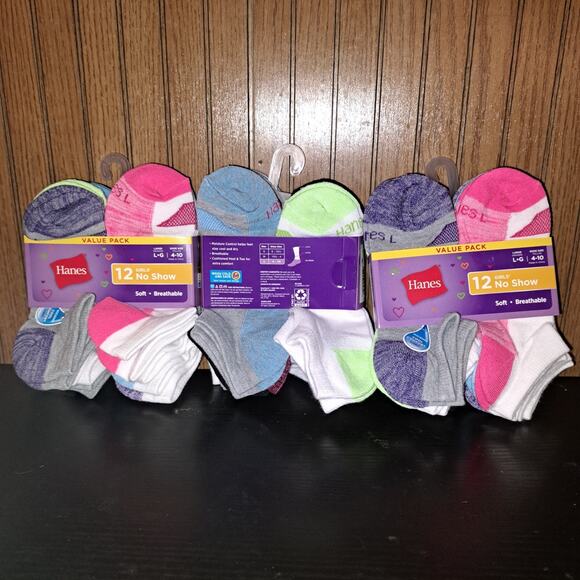 3 X Value 12 Packs Hanes Girls Wicking Cool Comfort No Show Socks Size L 4-10 - Picture 2 of 7